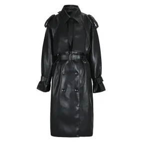 Trend Men's Leather Long Coat Korean Style Mid Length Silhouette Knee High Trench Niche Design Premium Pu Overcoat CPG0464