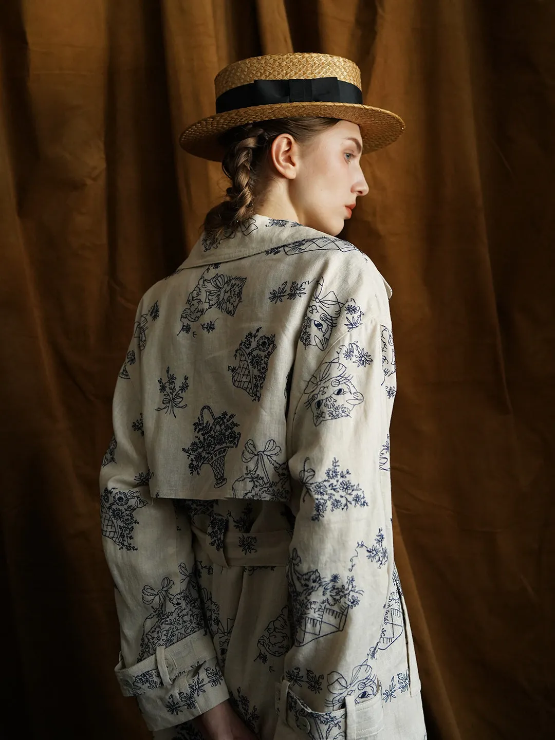 Unlogical Poem Blue Illustration Embroidery Ramie Trench coat