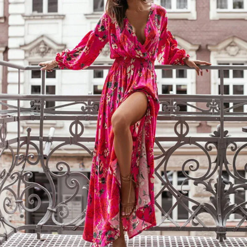 V-neck Pleats Holiday Spring Long Sleeved Party Fashion Pattern Printed High Waist Robe Floral Elegant Dress