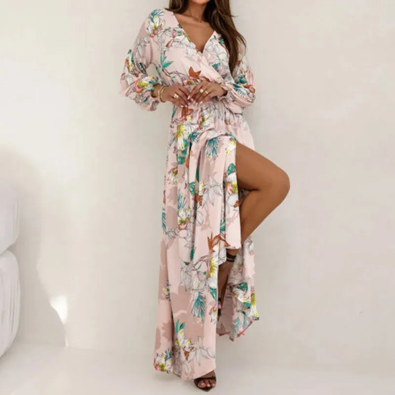 V-neck Pleats Holiday Spring Long Sleeved Party Fashion Pattern Printed High Waist Robe Floral Elegant Dress