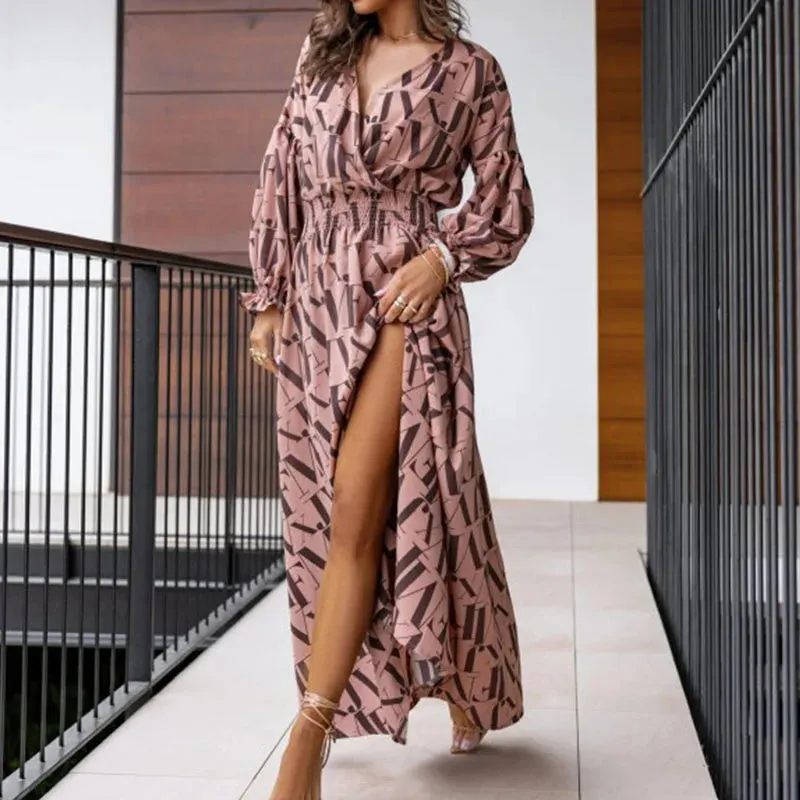 V-neck Pleats Holiday Spring Long Sleeved Party Fashion Pattern Printed High Waist Robe Floral Elegant Dress