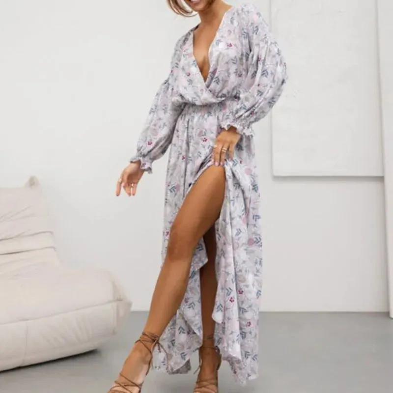 V-neck Pleats Holiday Spring Long Sleeved Party Fashion Pattern Printed High Waist Robe Floral Elegant Dress