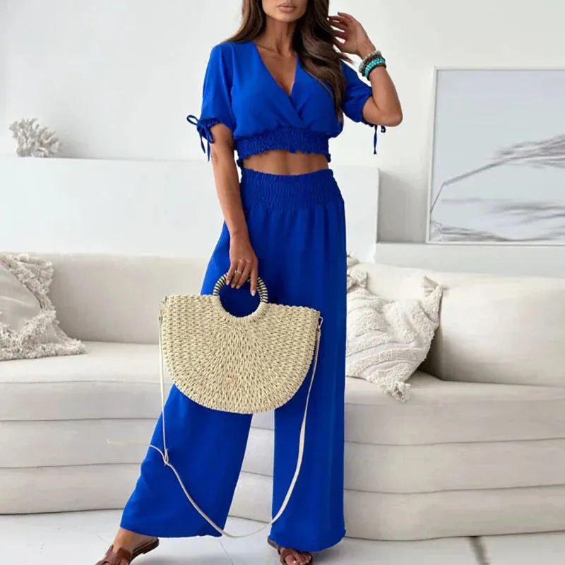 V-neck Short Sleeved Casual Summer High Waist Elegant Solid Color Sexy Set