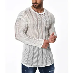 Wiaofellas  -  Fashion See-through Knitted Shirts Men Clothing  Crew Neck Oversize Slim Basic Pullover New Autumn Knitwear Long Sleeve Tops