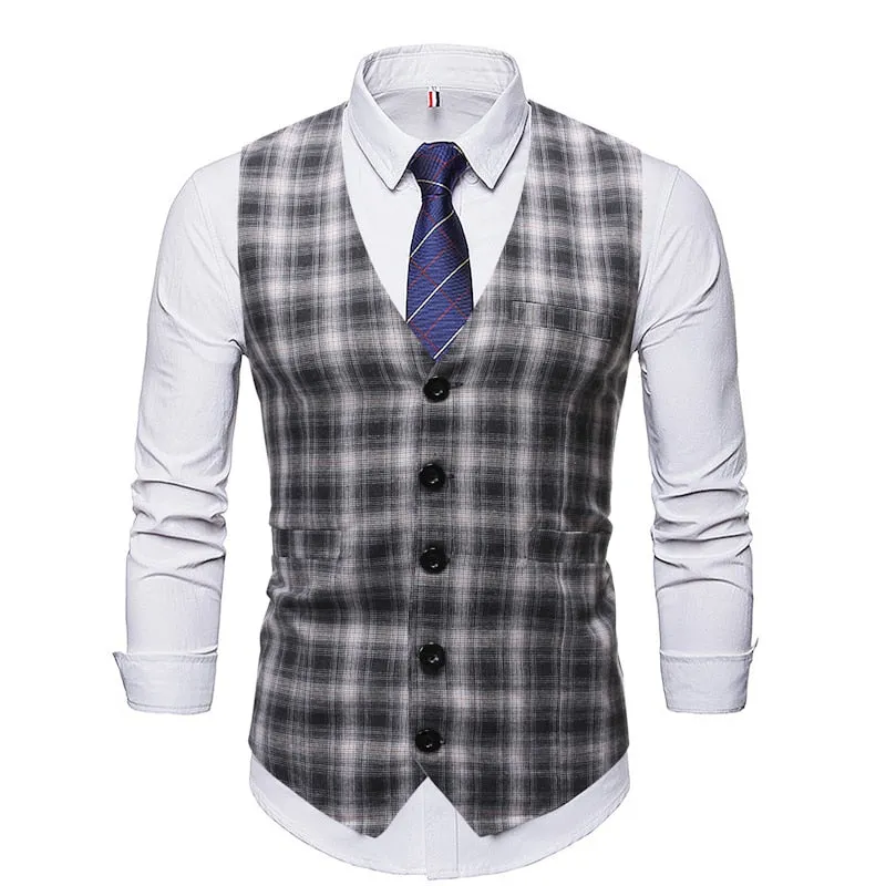 Wjczt Men  Winter Outfits Men Suit Vest Vintage Casual Plaid Single Breasted Mens Waistcoat Vests High Quality Slim Fit Party Wedding Dress Gilet Homme