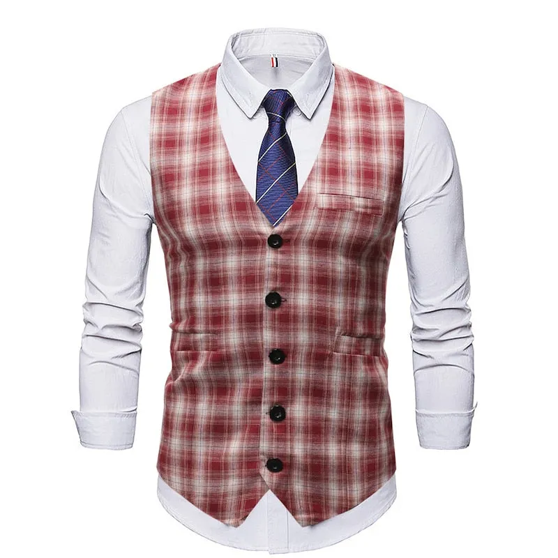 Wjczt Men  Winter Outfits Men Suit Vest Vintage Casual Plaid Single Breasted Mens Waistcoat Vests High Quality Slim Fit Party Wedding Dress Gilet Homme