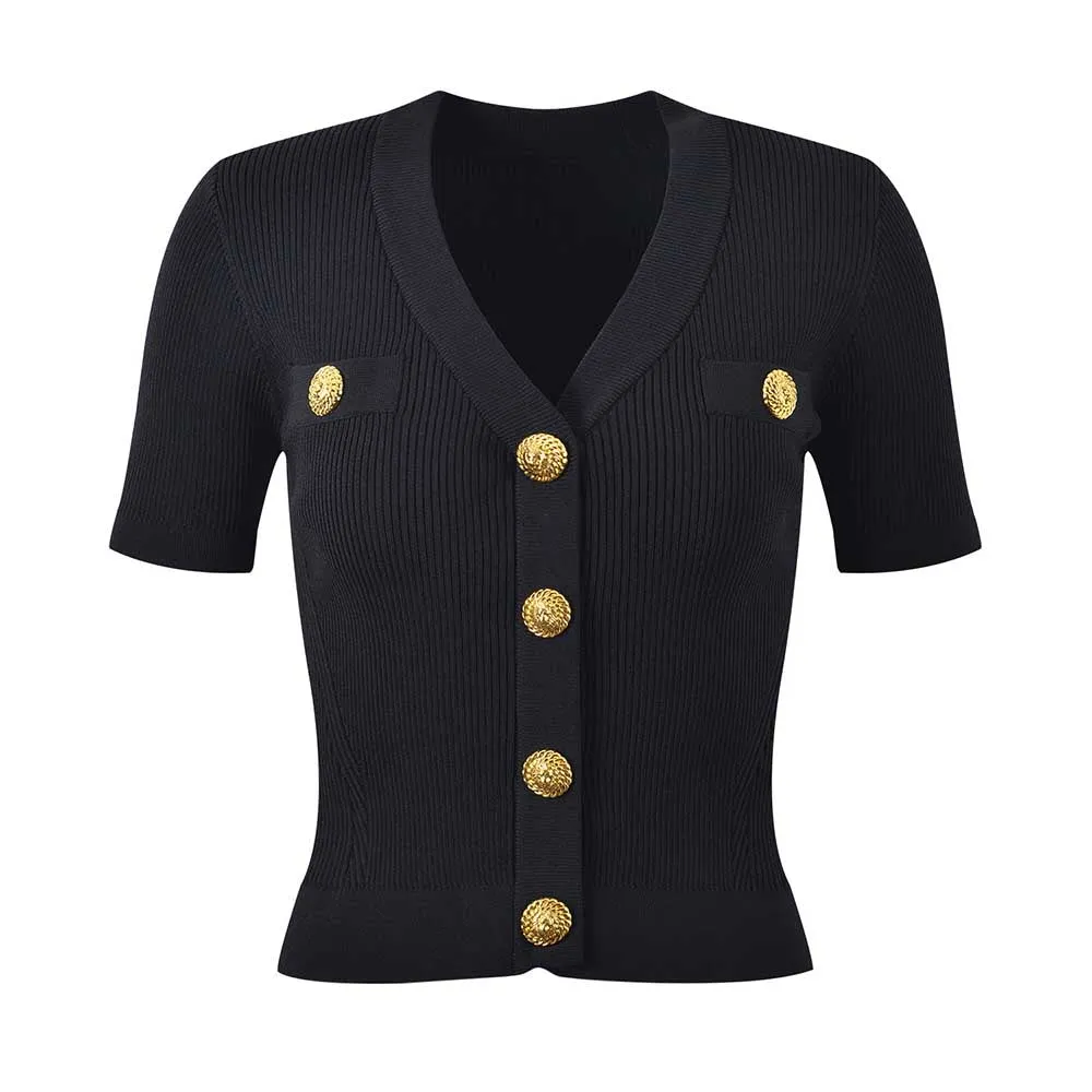 Women Knit Cardigan V-Neckline Cropped Knitted Slim Coat Short Sleeve