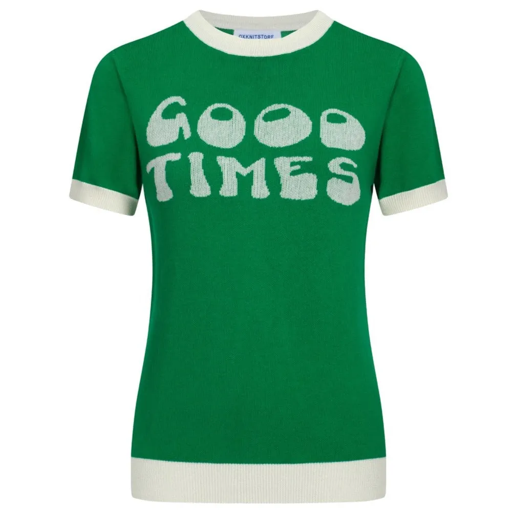 Women Knitted Good Times Short Sleeves Green Knitwear