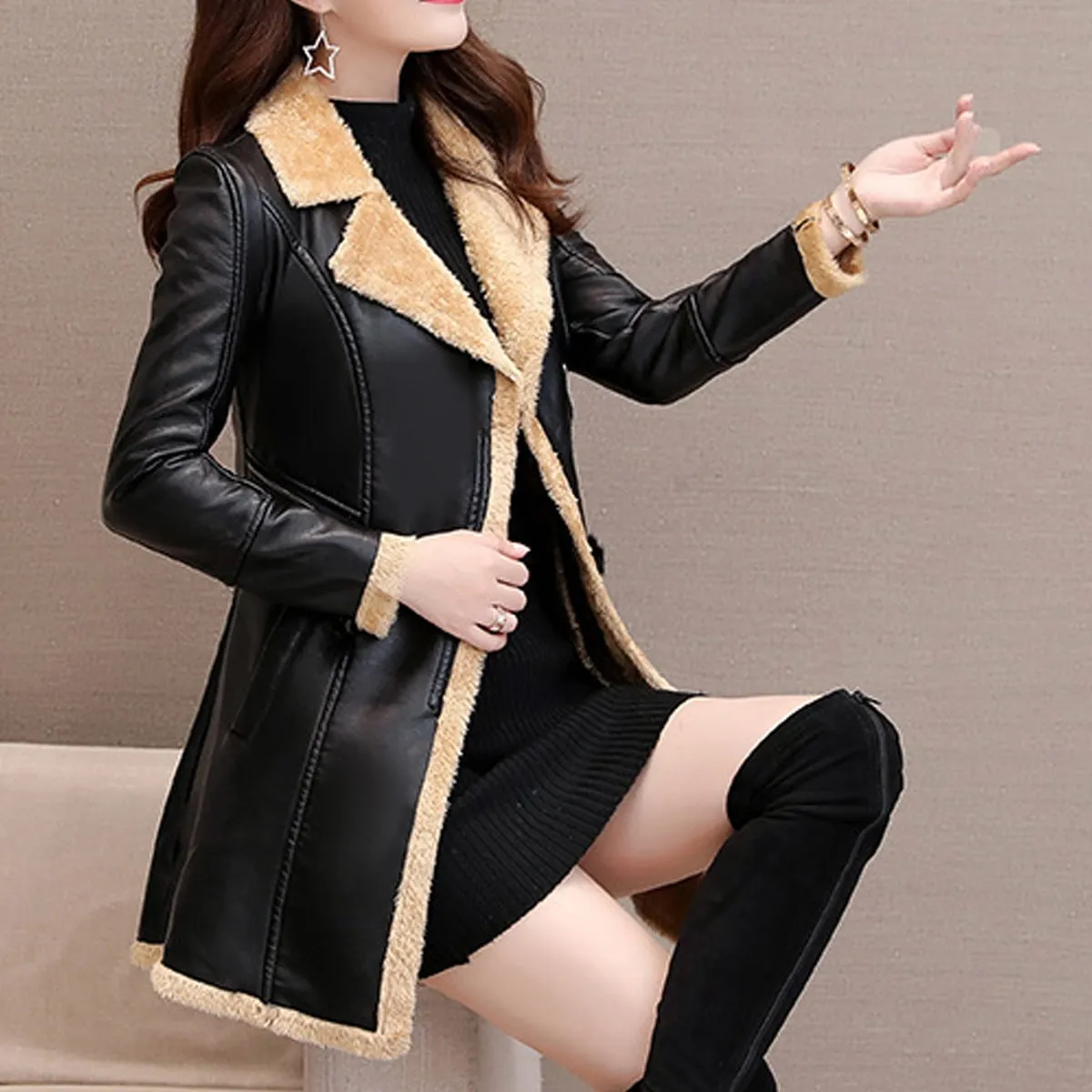 Women’s Black Genuine Sheepskin Lapel Collar Sherpa Shearling Faux Fur Lined Thick Warm Casual Classic Single Breasted Trench Style Leather Coat Jacket